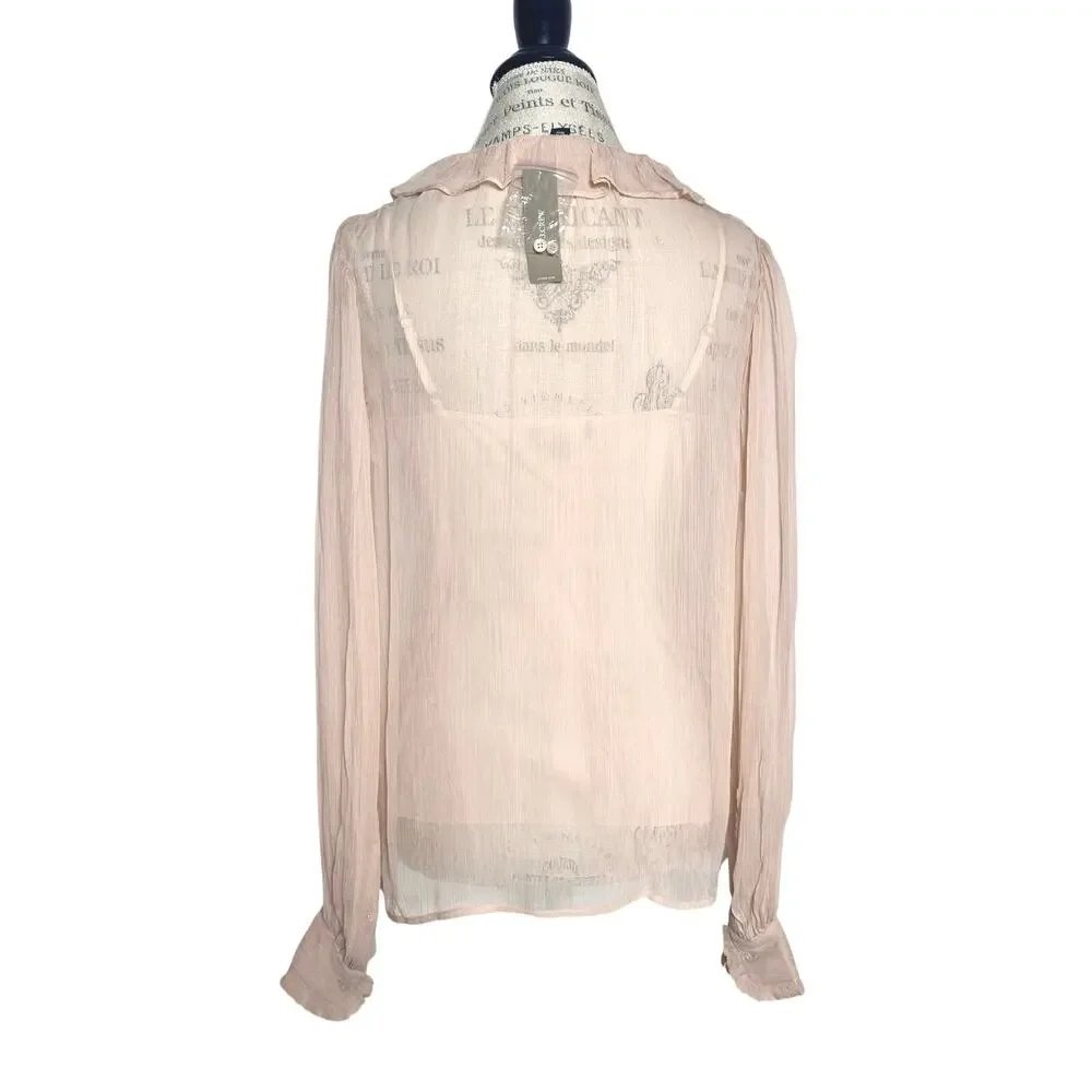 J. Crew | Women | Tan Ruffle Sheer Crinkle Chiffon Button Up Blouse | Sz 2